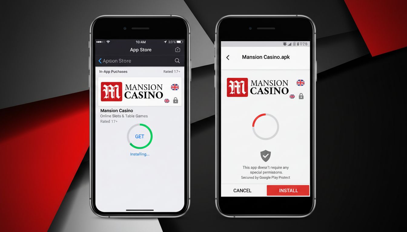 A UK Android and iPhone showing Mansion Casino app installation securely.