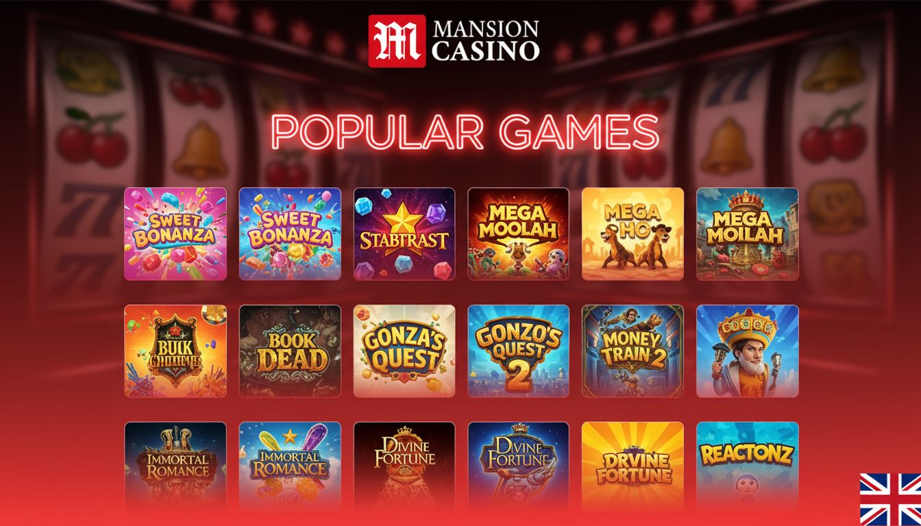 Popular games lobby with slots tiles including Sweet Bonanza, Starburst etc.